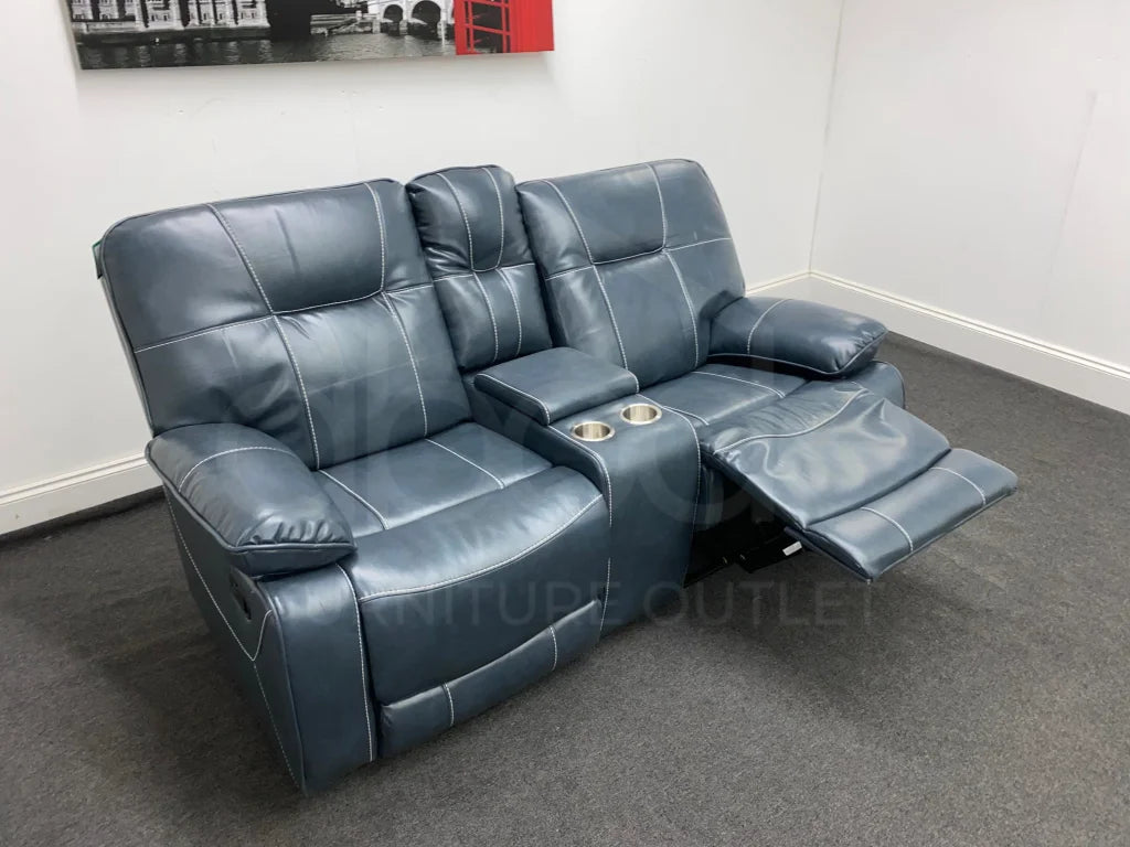 Blue Leather Manual Recliner 2 Seater Sofa Sofas