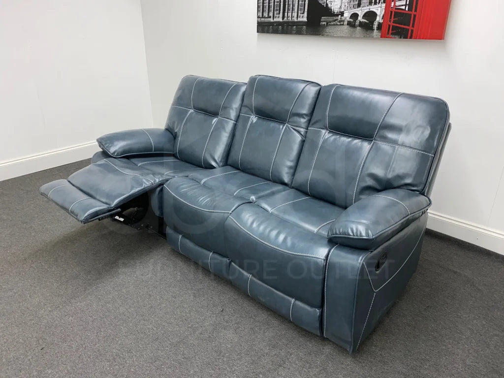 Blue Leather Manual Recliner 3 Seater Sofa Sofas