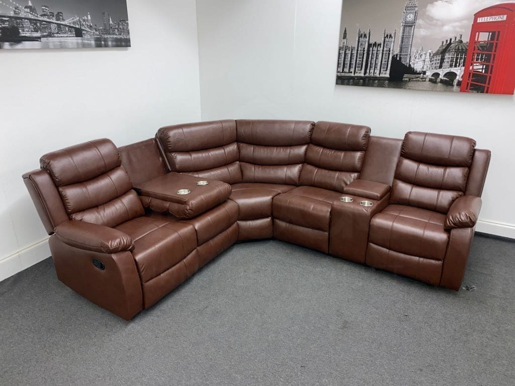 Brown Leather ’Landos’ Manual Reclining Corner Sofa | Reversible & Modular Drinks Consol High