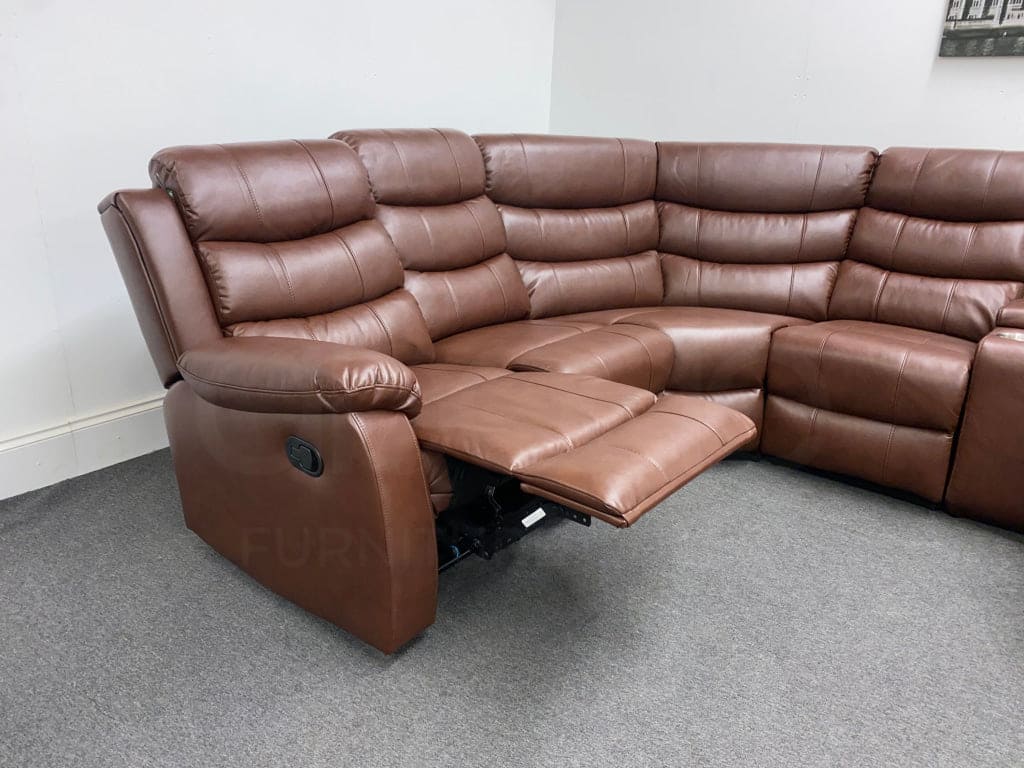 Brown Leather ’Landos’ Manual Reclining Corner Sofa | Reversible & Modular Drinks Consol High