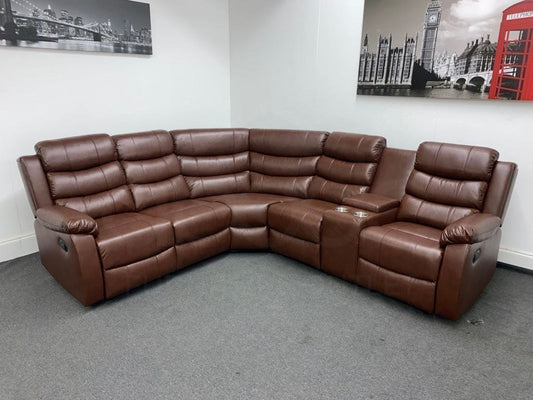 Brown Leather ’Landos’ Manual Reclining Corner Sofa | Reversible & Modular Drinks Consol High