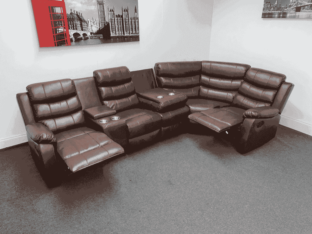 Brown Leather ’Landos’ Manual Reclining Corner Sofa | Reversible & Modular Drinks Consol High