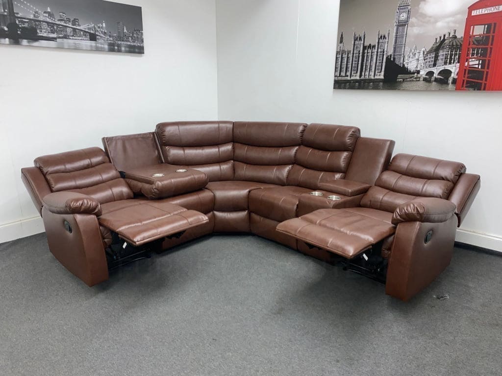 Brown Leather ’Landos’ Manual Reclining Corner Sofa | Reversible & Modular Drinks Consol High