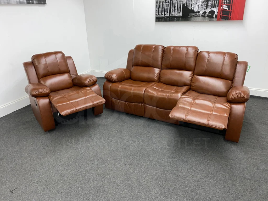 Brown Tan Leather Recliner 3 + 1 Seater Sofa Set Sofas