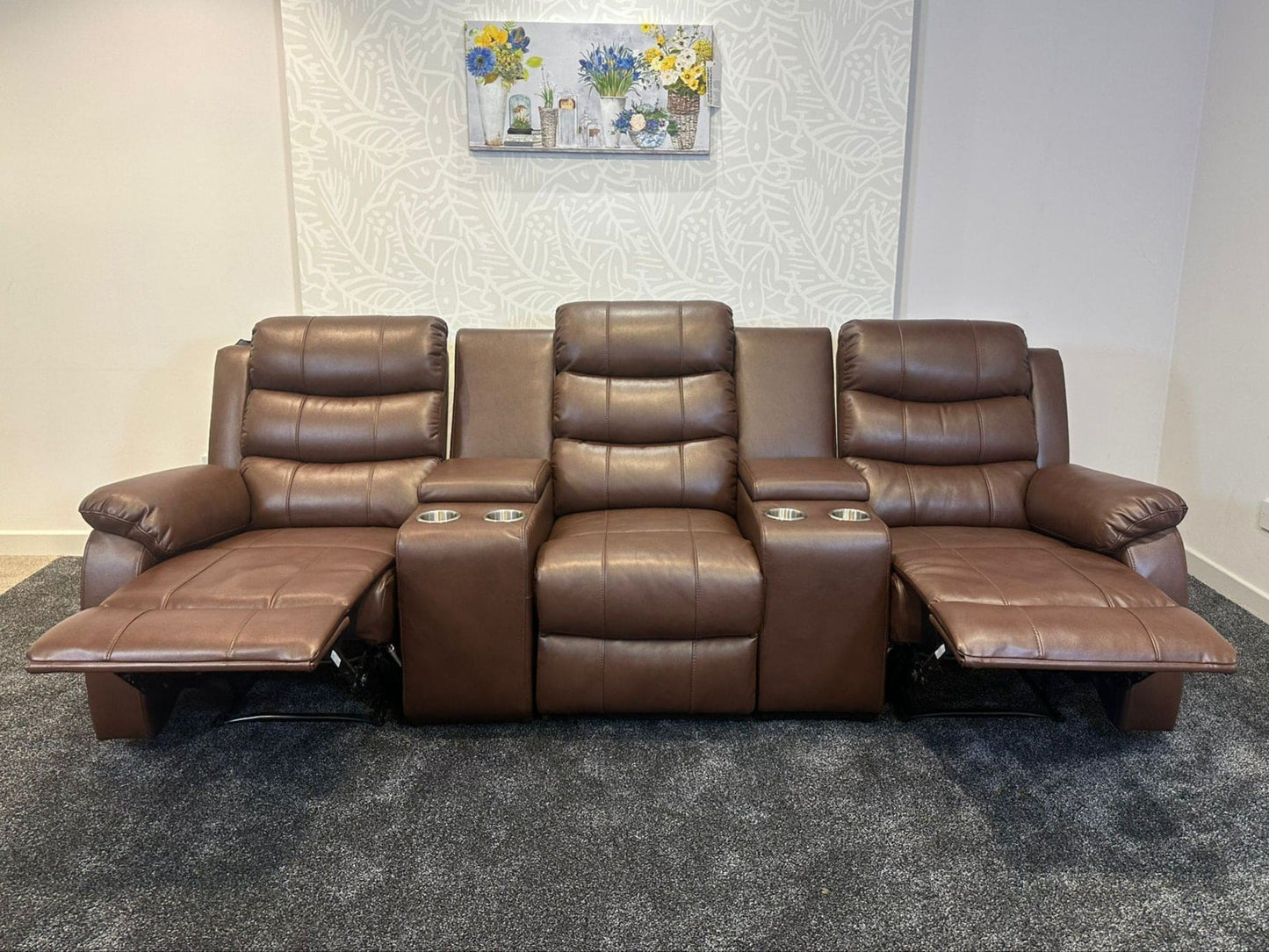Lando Recliner Brown Leather 3 Seater + 2 Console Sofa