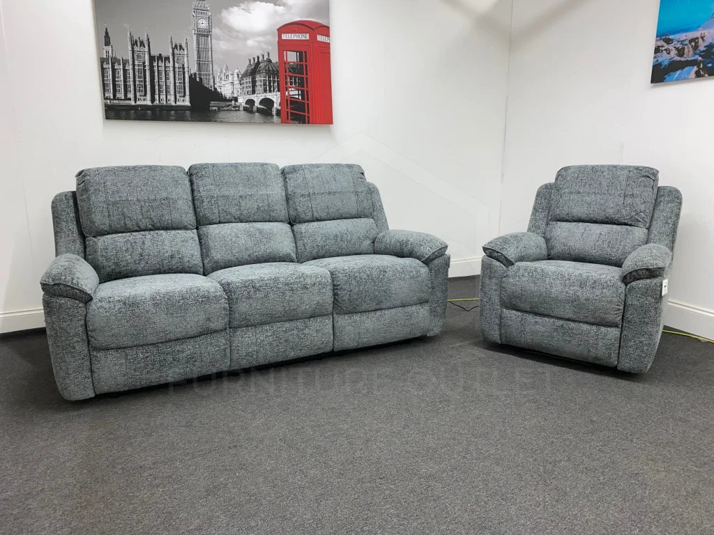Cabello Grey Fabric Electric Recliner 3 Seater Sofa + Armchair Set Sofas