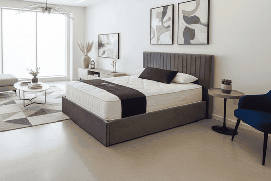 'Juliano' Grey Plush Velvet Fabric Ottoman Bed Frame & Medium Firm Mattress Package - Available In 4'6ft Double or 5ft King