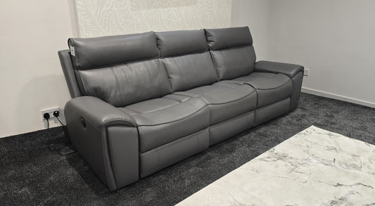 "Ronan" 5 Seater Electric Reclining Sofa In Grey Milano Leather - Laf + Raf + Armless & USB/C Charing Ports