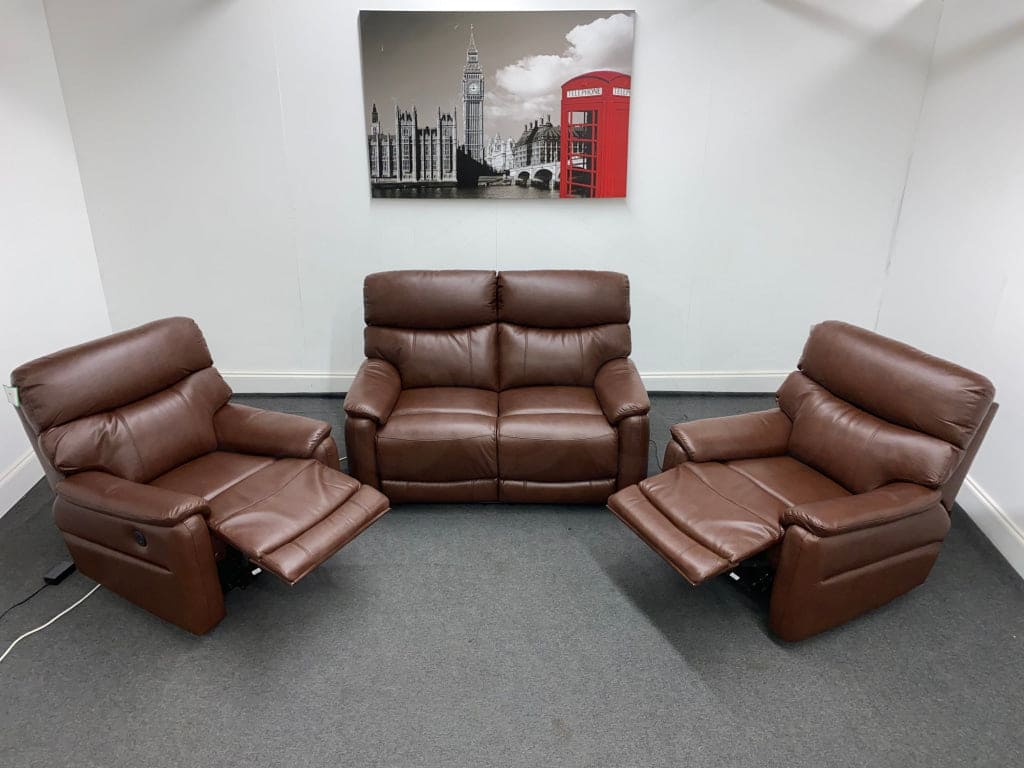 Dfs Pryme Brown Leather Electric Reclining 2 + 1 Seater Sofa Suite Set Usb Ports Sofas