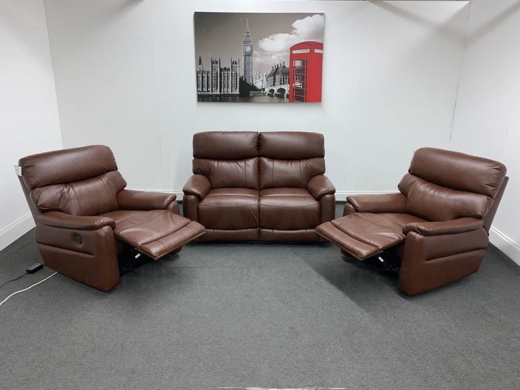 Dfs Pryme Brown Leather Electric Reclining 2 + 1 Seater Sofa Suite Set Usb Ports Sofas
