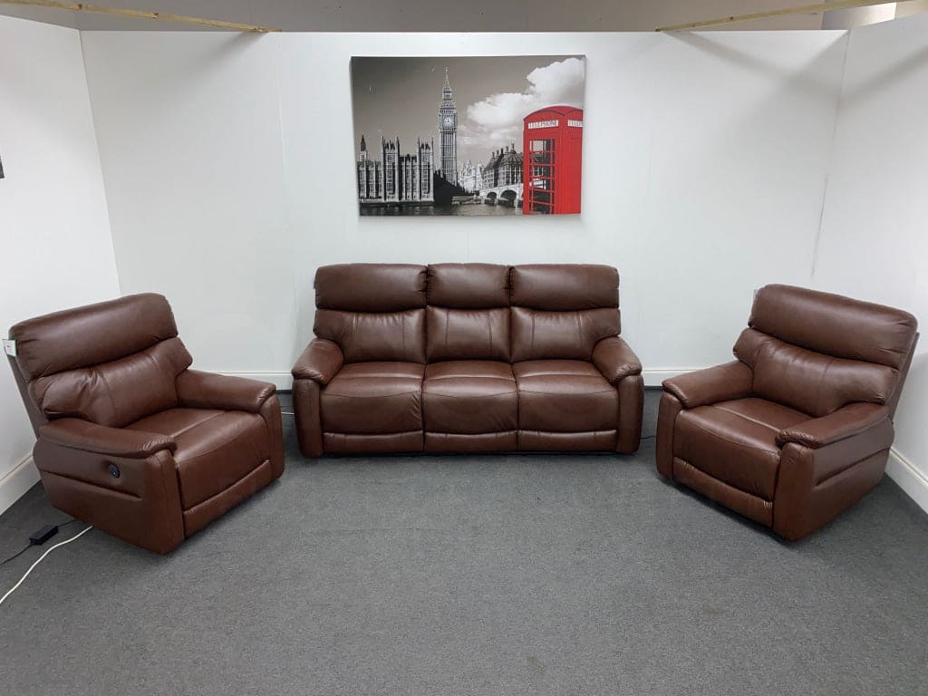 Dfs Pryme Brown Leather Electric Reclining 3 + 1 Seater Sofa Suite Set Usb Ports & Drinks Tray