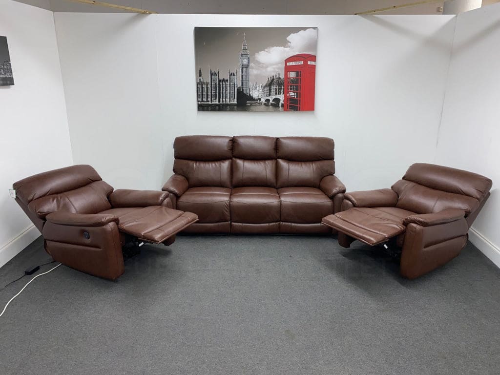 Dfs Pryme Brown Leather Electric Reclining 3 + 1 Seater Sofa Suite Set Usb Ports & Drinks Tray