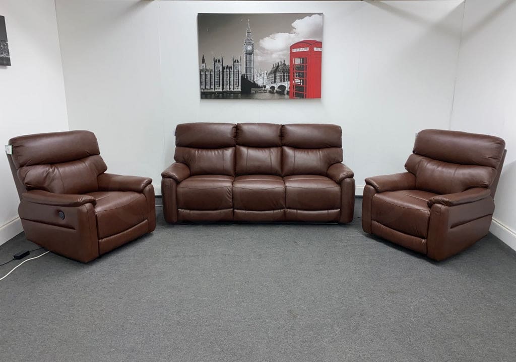 Dfs Pryme Brown Leather Electric Reclining 3 + 1 Seater Sofa Suite Set Usb Ports & Drinks Tray