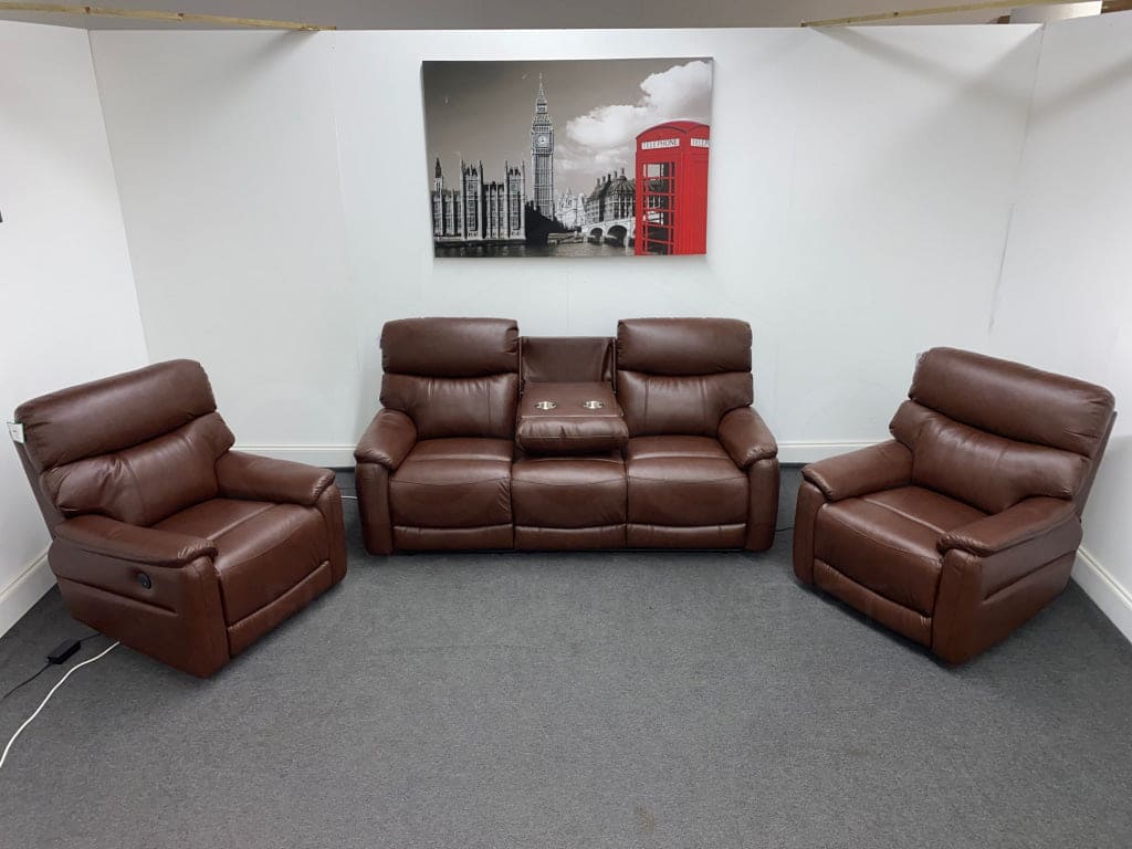 Dfs Pryme Brown Leather Electric Reclining 3 + 1 Seater Sofa Suite Set Usb Ports & Drinks Tray