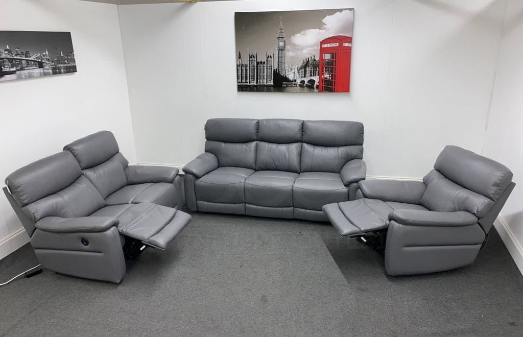 Dfs Pryme Charcoal / Grey Leather Electric Power Reclining 3 Seater 2 & Armchair Sofa Suite Set