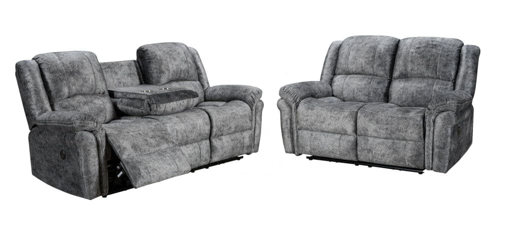 ’Finsbury Express’ Grey Plush Velvet 3 + 2 Seater Electric Reclining Sofa Set Sofas