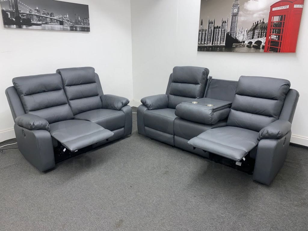Goodwood Electric Reclining Charcoal Grey Leather 3 Seater + 2 Sofa Set Drinks Tray Table Usb Ports