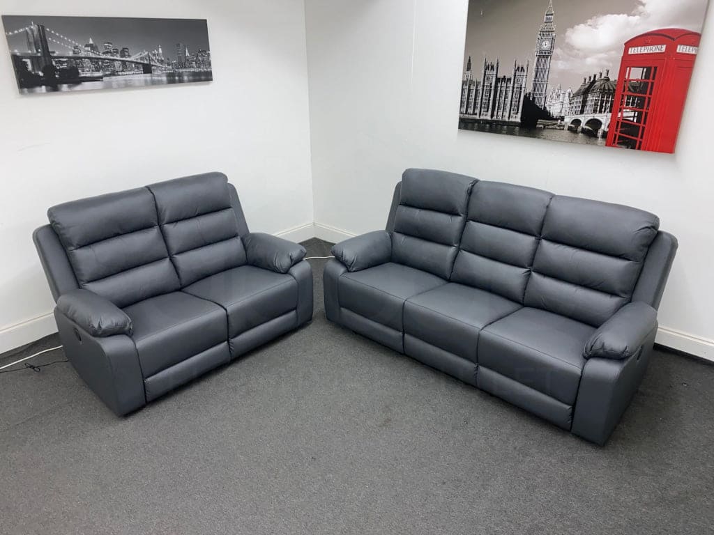 Goodwood Electric Reclining Charcoal Grey Leather 3 Seater + 2 Sofa Set Drinks Tray Table Usb Ports