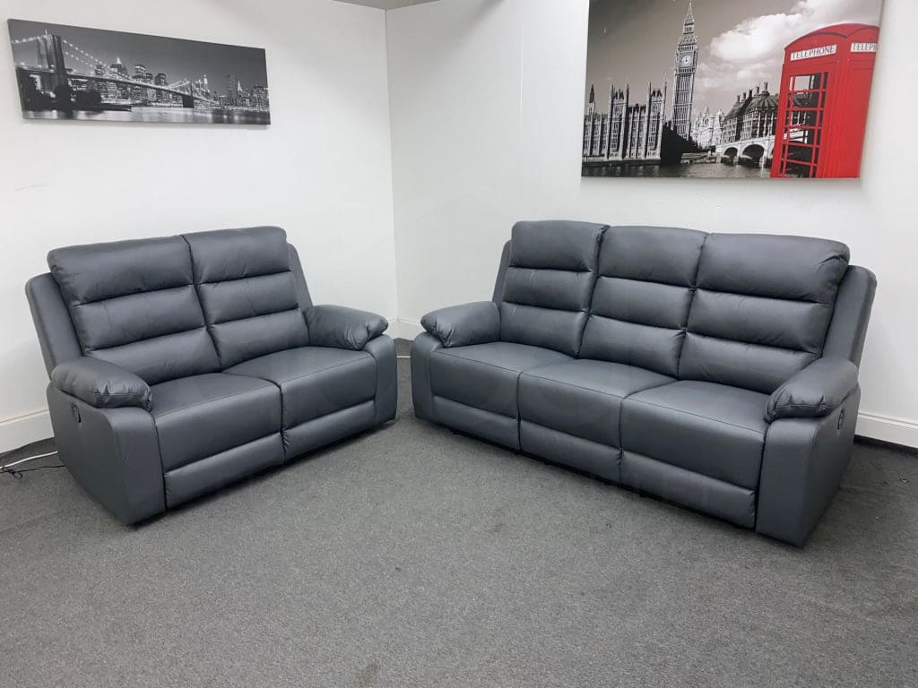 Goodwood Electric Reclining Charcoal Grey Leather 3 Seater + 2 Sofa Set Drinks Tray Table Usb Ports
