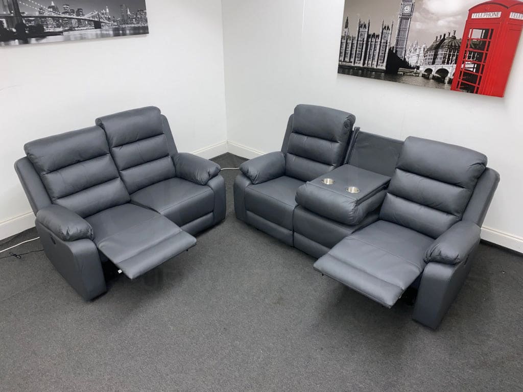 Goodwood Electric Reclining Charcoal Grey Leather 3 Seater + 2 Sofa Set Drinks Tray Table Usb Ports