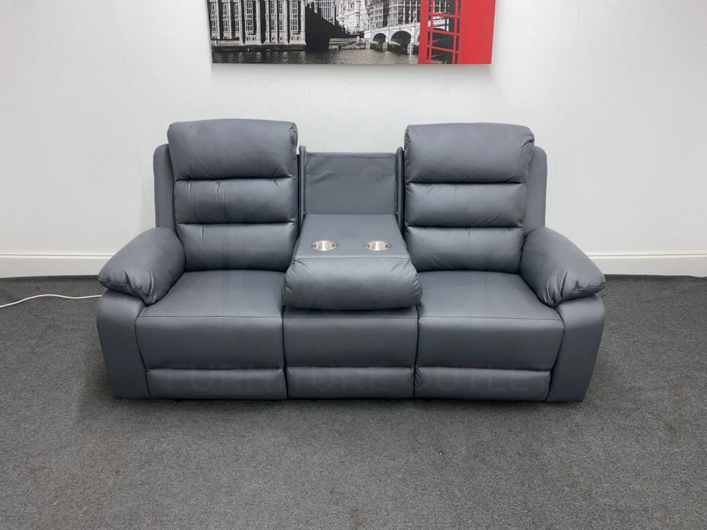 Goodwood Electric Reclining Charcoal Grey Leather 3 Seater + 2 Sofa Set Drinks Tray Table Usb Ports