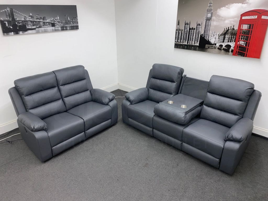Goodwood Electric Reclining Charcoal Grey Leather 3 Seater + 2 Sofa Set Drinks Tray Table Usb Ports