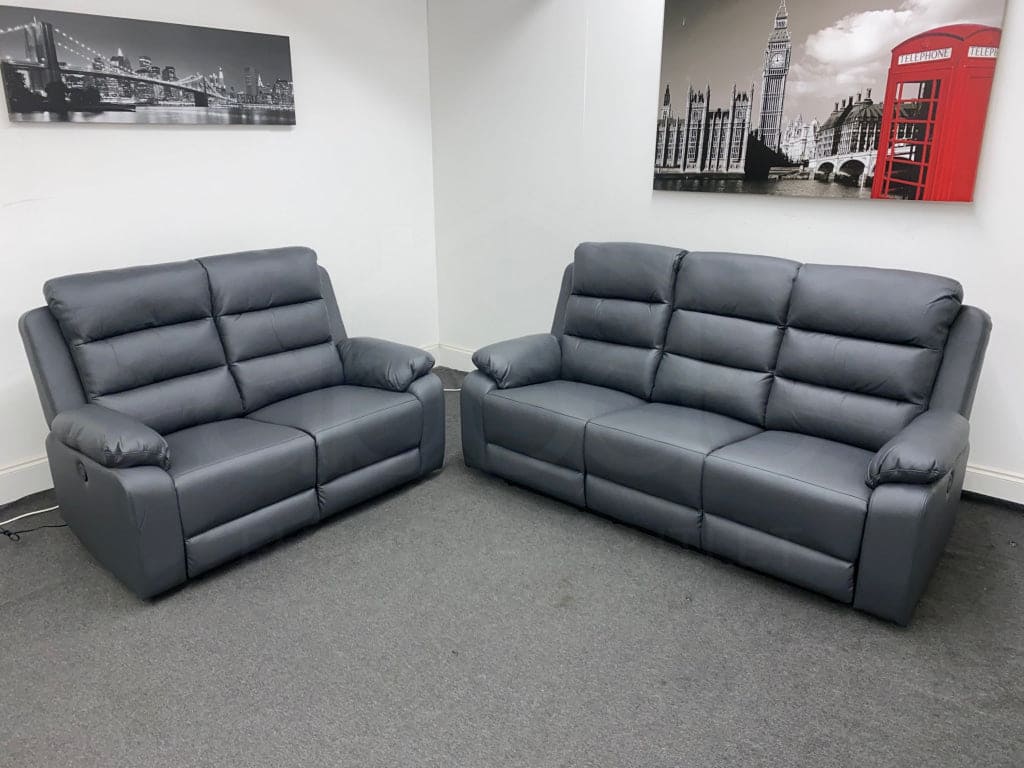 Goodwood Electric Reclining Charcoal Grey Leather 3 Seater + 2 Sofa Set Drinks Tray Table Usb Ports