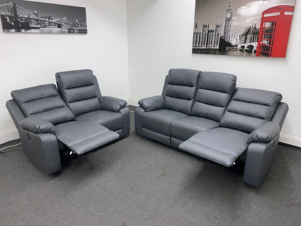Goodwood Electric Reclining Charcoal Grey Leather 3 Seater + 2 Sofa Set Drinks Tray Table Usb Ports