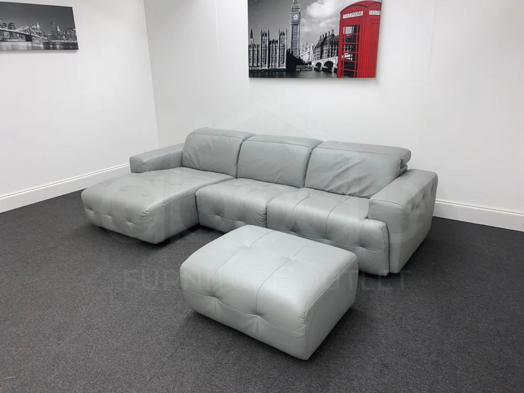 Grey Leather Static Corner Sofa + Footstool Sofas
