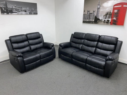 ’ Landos Black Leather 3 + 2 Seater Reclining Sofa Set | Drinks Tray Table Sofas