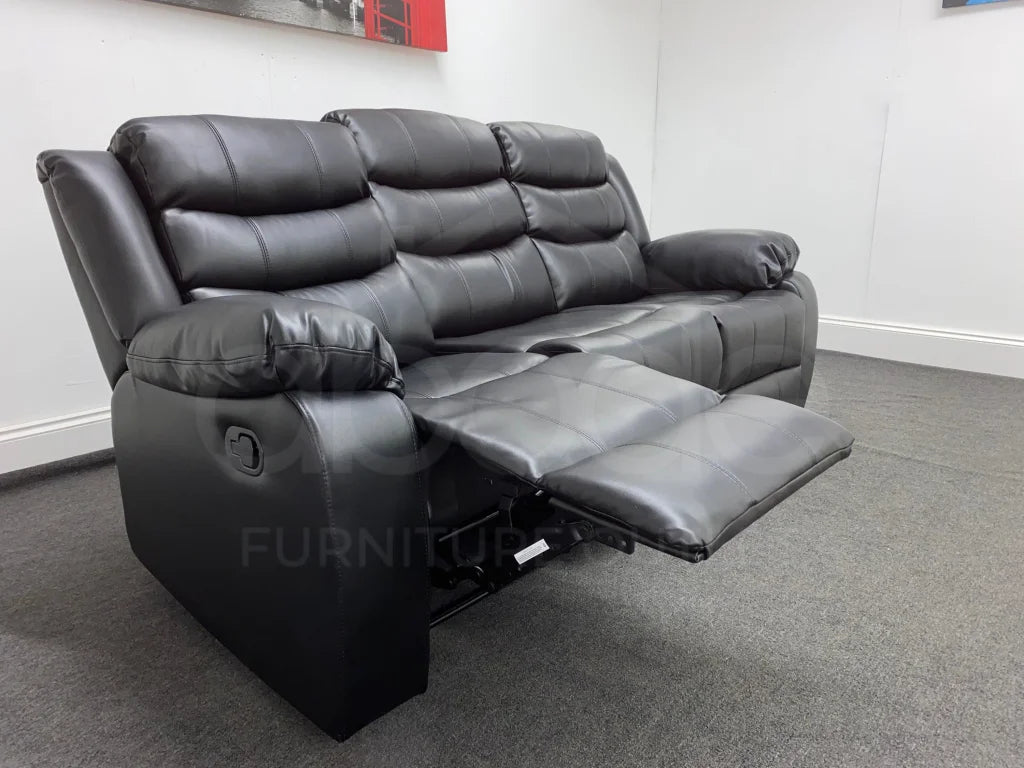 Landos Black Leather Manual Recliner 3 Seater Sofa Sofas