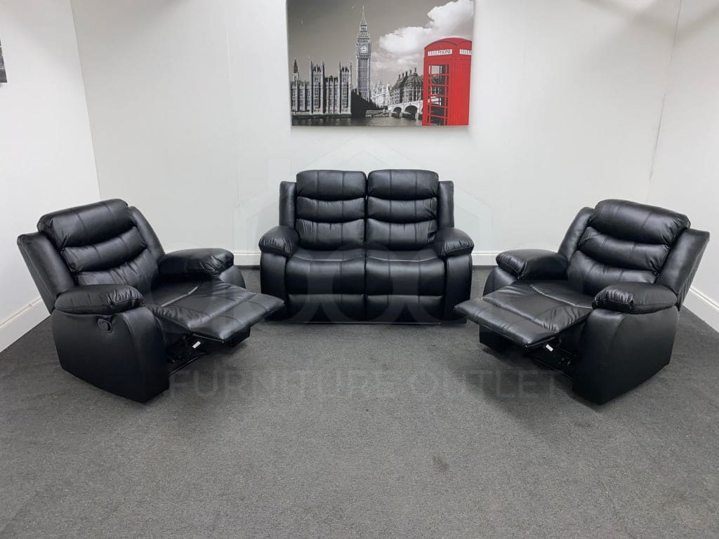 Landos Black Leather Reclining 2 + 1 Sofa Set