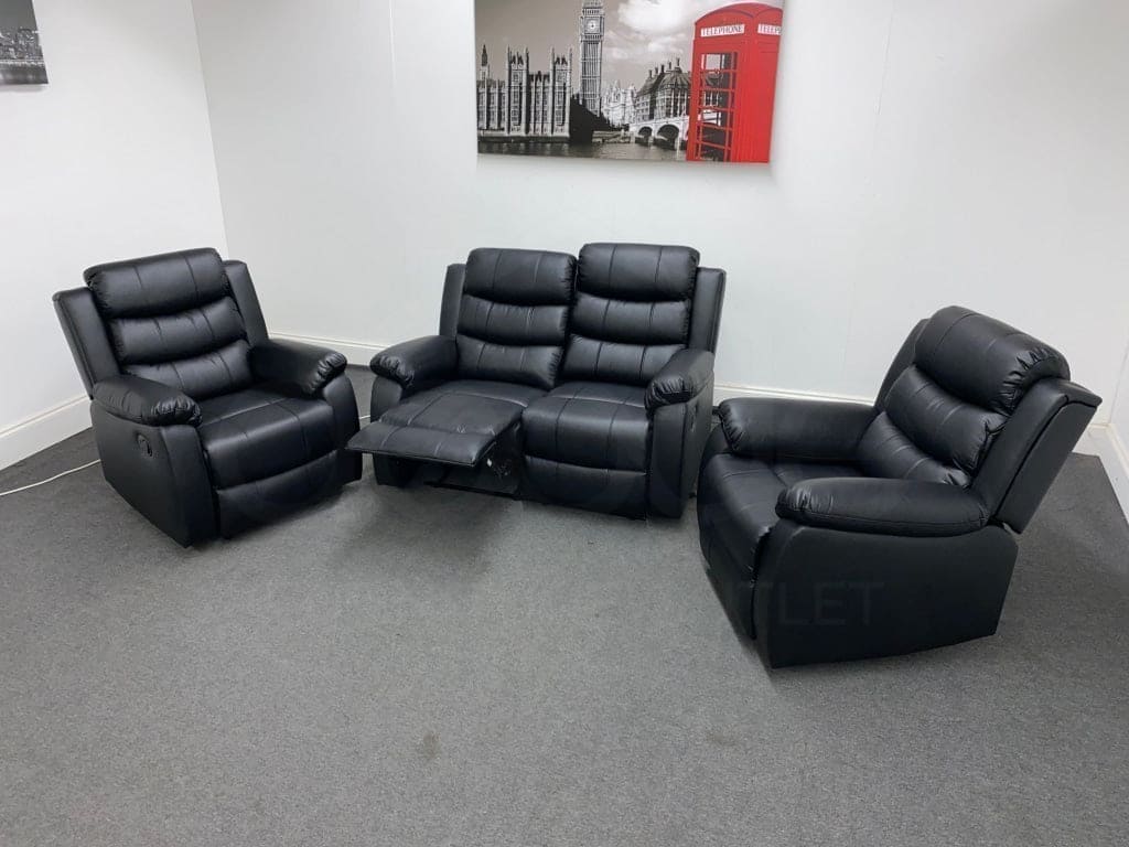 Landos Black Leather Reclining 2 + 1 Sofa Set Sofas