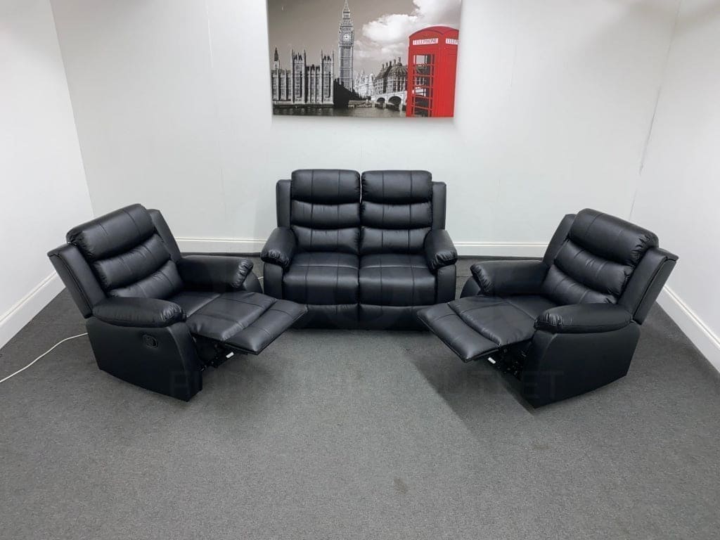 Landos Black Leather Reclining 2 + 1 Sofa Set Sofas