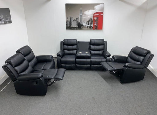 Landos Black Leather Reclining 3 Seater + 2 1 Armchair Sofa Set Sofas