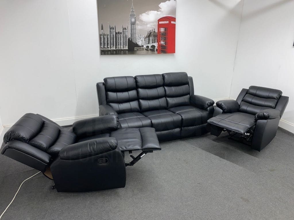 Landos Black Leather Reclining 3 Seater + 2 Armchairs Sofa Set Sofas