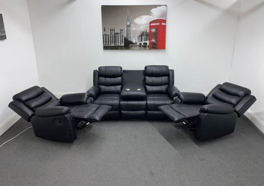 Landos Black Leather Reclining 3 Seater + 2 Armchairs Sofa Set Sofas