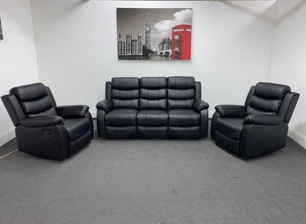 Landos Black Leather Reclining 3 Seater + 2 Armchairs Sofa Set Sofas