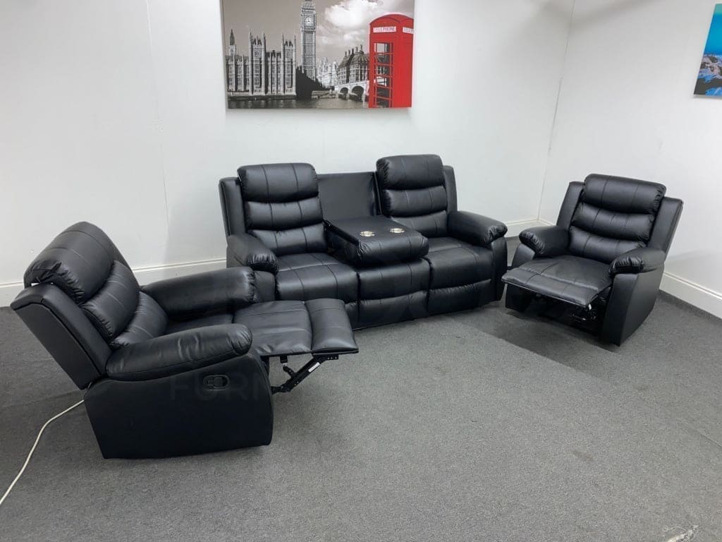 Landos Black Leather Reclining 3 Seater + 2 Armchairs Sofa Set Sofas