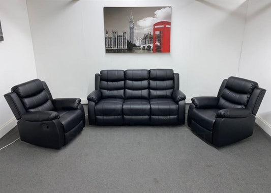 Landos Black Leather Reclining 3 Seater + 2 Armchairs Sofa Set Sofas