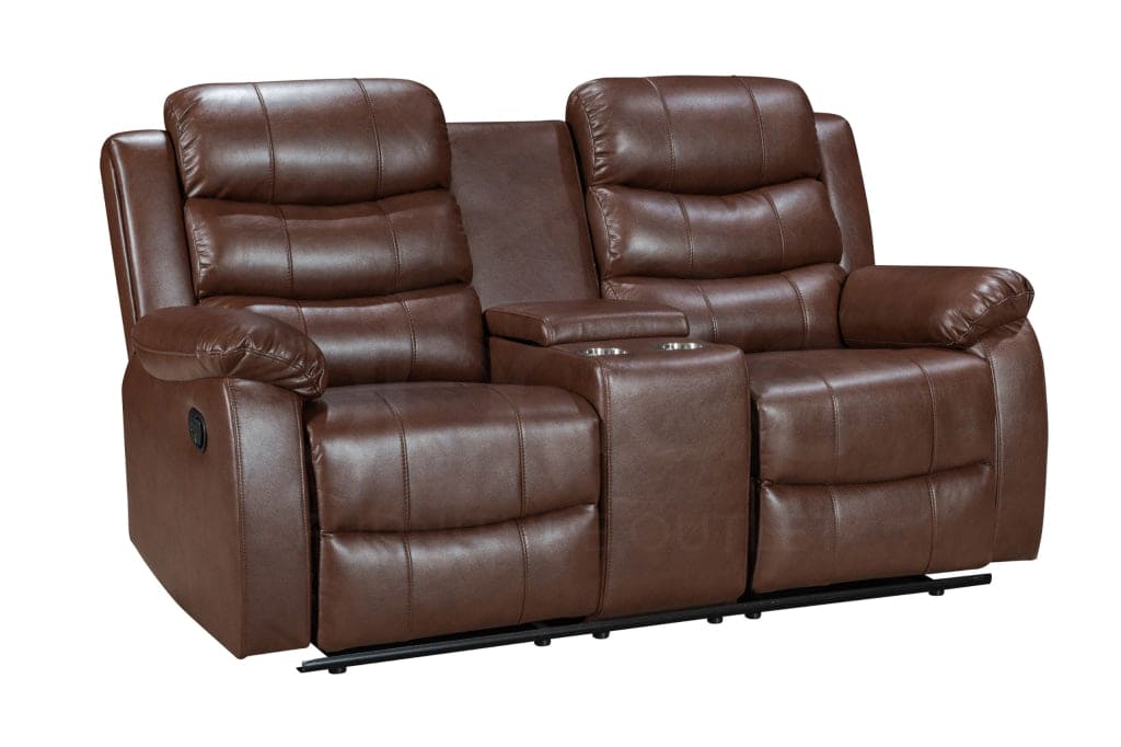 Landos Brown Leather 2 Seater With Drinks Console Manual Recliner Sofa Suite Sofas