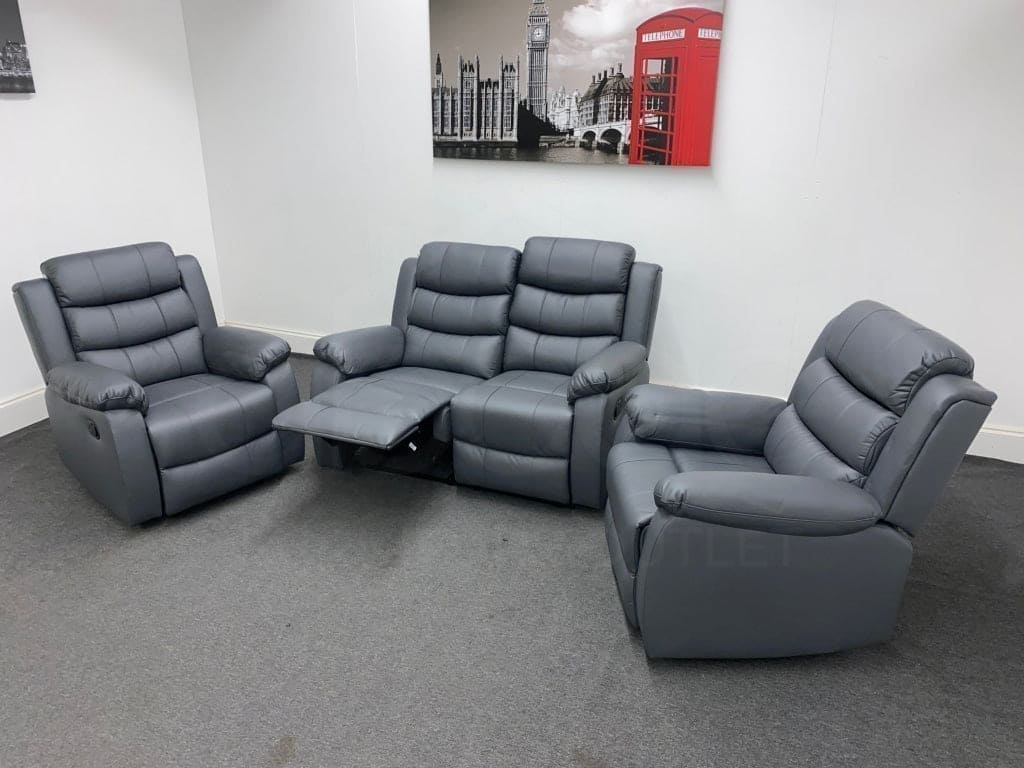 Landos Manual Recliner Grey Leather 2 + 1 + 1 Seater Dfs Sofa Set Sofas