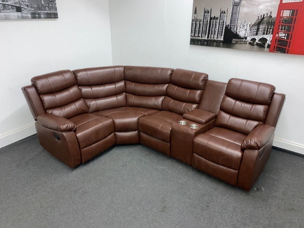 Landos Lhf Modular Recliner 4 Seat Brown Leather Corner Sofa With Drinks Console Sofas