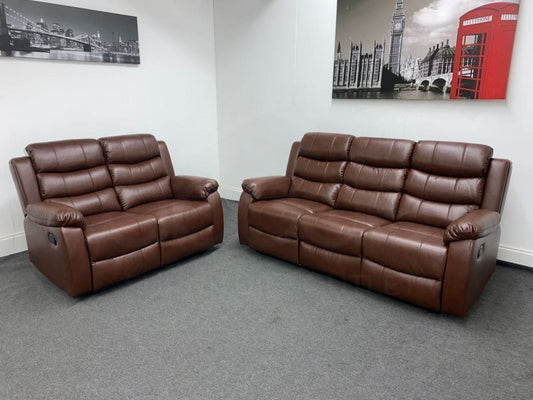 Landos Manual Recliner Brown Leather 3 + 2 Seater Sofa Set | Drinks Tray Table Sofas