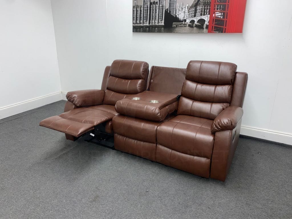 Landos Manual Recliner Brown Leather 3 + 2 Seater Sofa Set | Drinks Tray Table Sofas