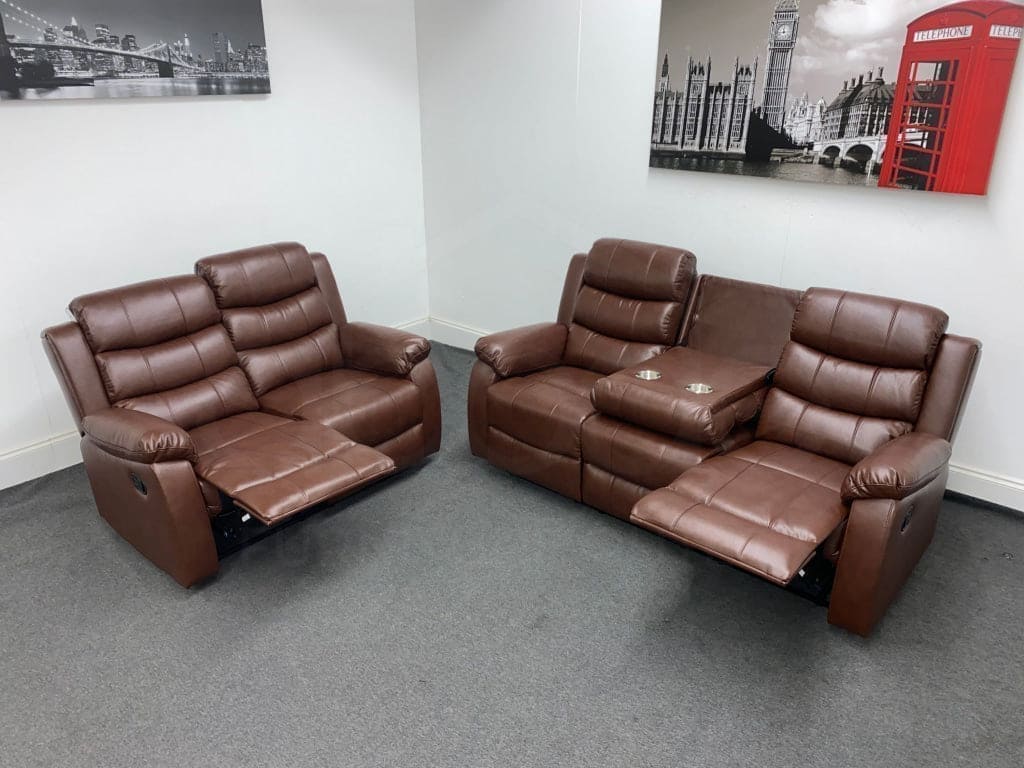 Landos Manual Recliner Brown Leather 3 + 2 Seater Sofa Set | Drinks Tray Table Sofas
