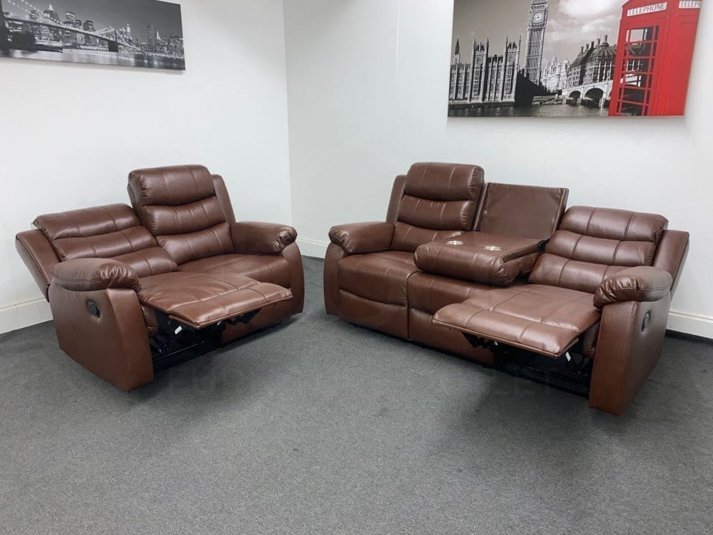Landos Manual Recliner Brown Leather 3 + 2 Seater Sofa Set | Drinks Tray Table Sofas