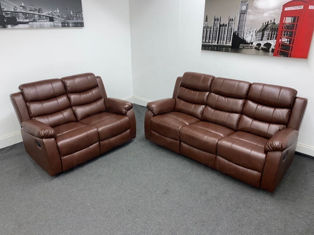 Landos Manual Recliner Brown Leather 3 + 2 Seater Sofa Set | Drinks Tray Table Sofas