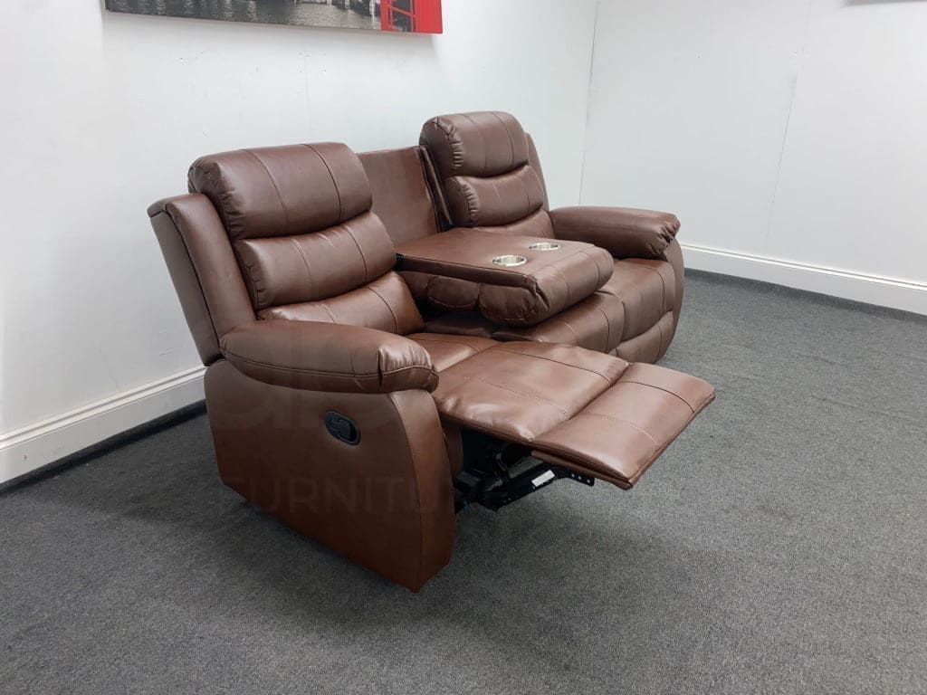 Landos Manual Recliner Brown Leather 3 + 2 Seater Sofa Set | Drinks Tray Table Sofas