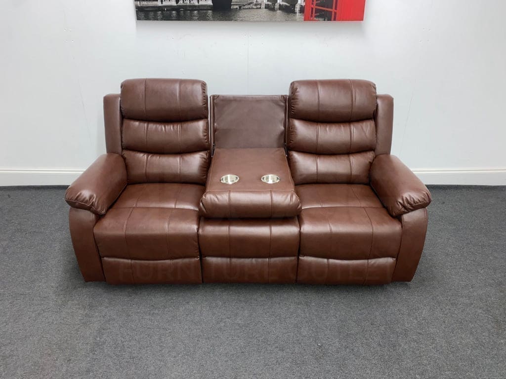 Landos Manual Recliner Brown Leather 3 + 2 Seater Sofa Set | Drinks Tray Table Sofas